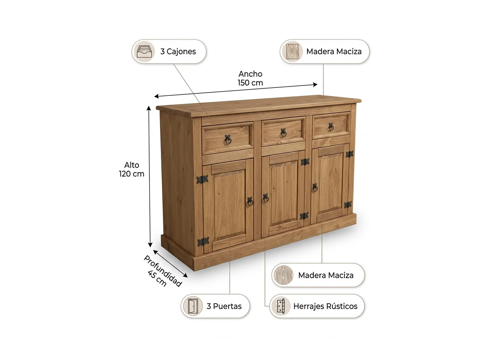 Ficha visual de un mueble con medidas y materiales